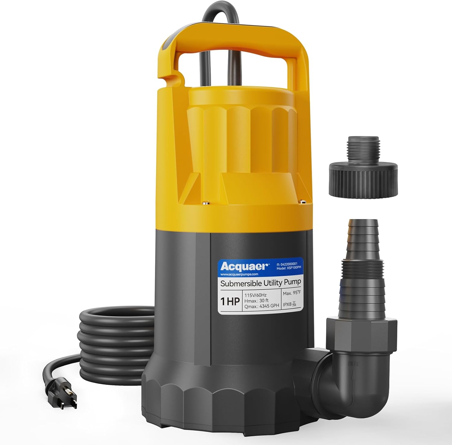 Acquaer 1HP 4345GPH Submersible Sump Pump, Heavy Duty Cast Iron Thermoplastic Electric Utility Pump with 25ft Cord for Water Removal in Basements, Pools, Ponds and Gardens
